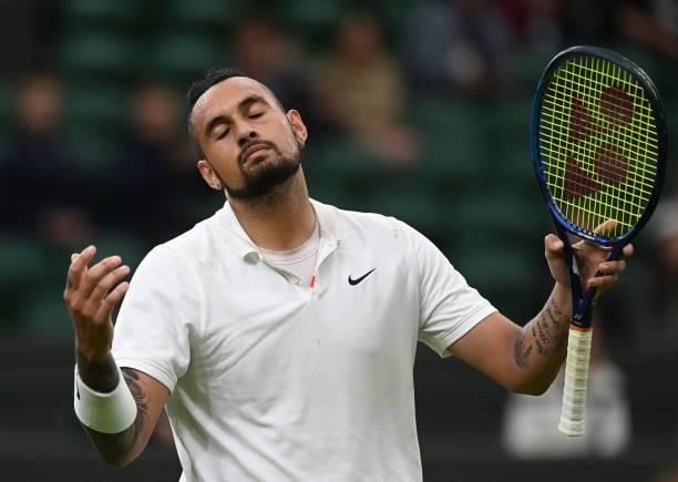 Australia's Nick Kyrgios reacts to his return being ruled out during play against France's Ugo Humbert at their men's singles first round match on...