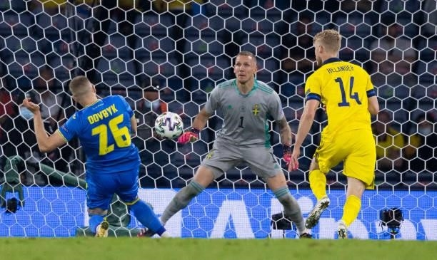 Ukraine's Artem Dovbyk scores late to make it 2-1 during the UEFA Euro 2020 round of 16 match between Sweden and Ukraine at Hampden Park, on June 29...