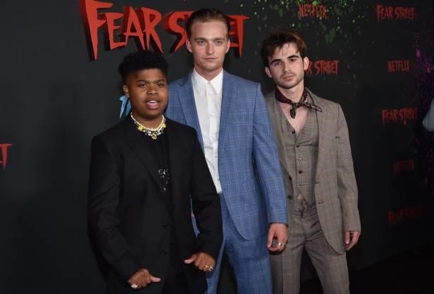 Actors Benji Flores Jr., McCabe Slye and Ted Sutherland arrive for the Netflix premiere of "Fear Street Trilogy
