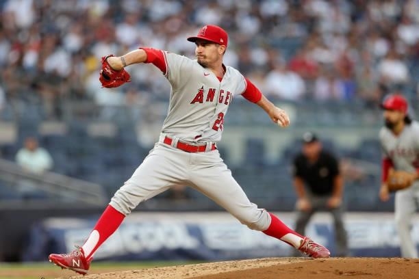 Andrew Heaney of the Los Angeles Angels pitches during the game between the Los Angeles Angels and the New York Yankees at Yankee Stadium on Tuesday,...
