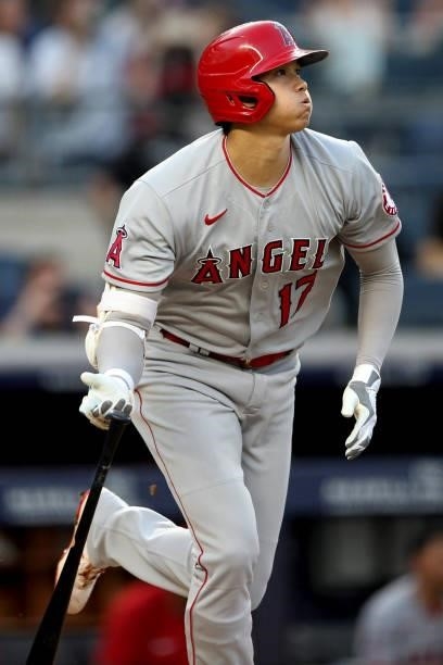 Shohei Ohtani of the Los Angeles Angels hits a solo home run in the third inning during the game between the Los Angeles Angels and the New York...