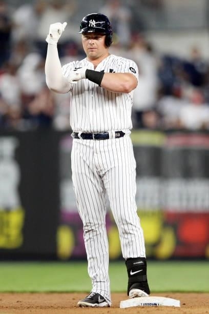 Luke Voit of the New York Yankees reacts to hitting a RBI double in the fourth inning during the game between the Los Angeles Angels and the New York...