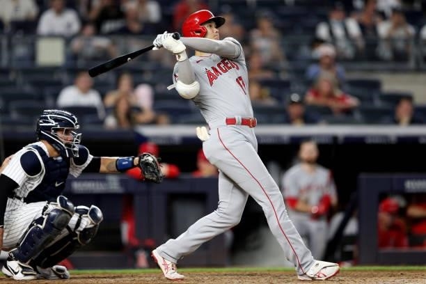 Shohei Ohtani of the Los Angeles Angels hits a two-run home run in the fifth inning during the game between the Los Angeles Angels and the New York...
