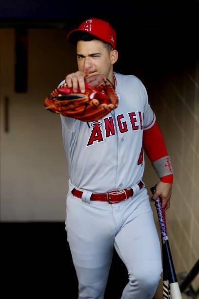 José Iglesias of the Los Angeles Angels walks up the steps into the dugout prior to the game between the Los Angeles Angels and the New York Yankees...