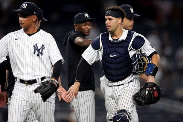 Gary Sanchez of the New York Yankees celebrates with teammates after the Yankees defeated the Los Angeles Angels at Yankee Stadium on Tuesday, June...
