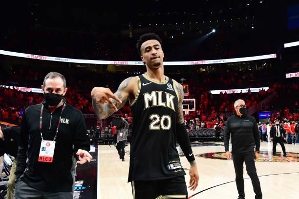 John Collins of the Atlanta Hawks looks on after the game against the Milwaukee Bucks during Game 4 of the Eastern Conference Finals of the 2021 NBA...