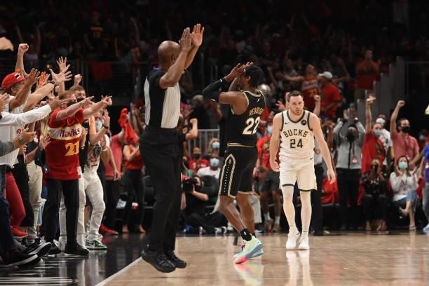 Cam Reddish of the Atlanta Hawks reacts during Game 4 of the Eastern Conference Finals of the 2021 NBA Playoffs on June 29, 2021 at State Farm Arena...