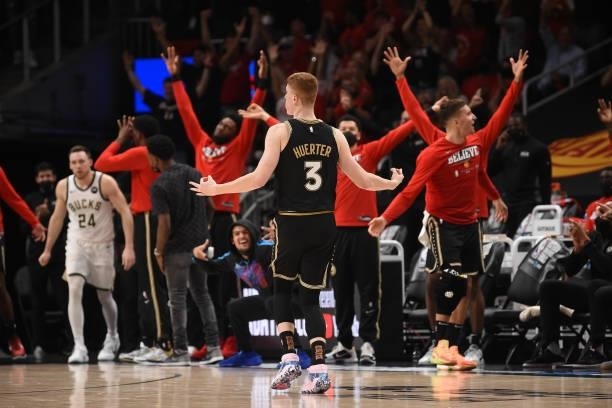 Kevin Huerter of the Atlanta Hawks reacts during Game 4 of the Eastern Conference Finals of the 2021 NBA Playoffs on June 29, 2021 at State Farm...