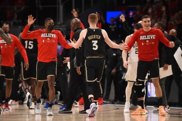 Kevin Huerter of the Atlanta Hawks reacts during Game 4 of the Eastern Conference Finals of the 2021 NBA Playoffs on June 29, 2021 at State Farm...