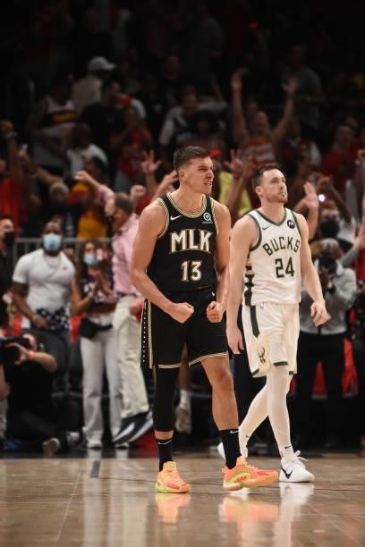 Bogdan Bogdanovic of the Atlanta Hawks reacts during Game 4 of the Eastern Conference Finals of the 2021 NBA Playoffs on June 29, 2021 at State Farm...