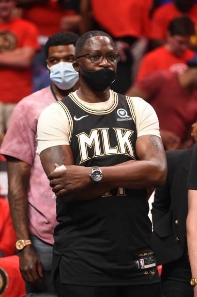 Legend, Dominique Wilkins, attends a game between the Milwaukee Bucks and the Atlanta Hawks during Game 4 of the Eastern Conference Finals of the...