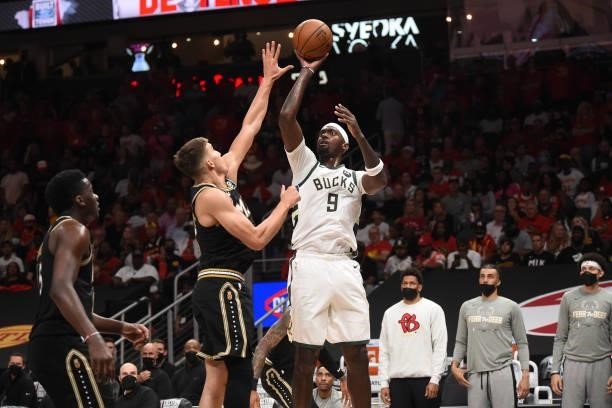 Bobby Portis of the Milwaukee Bucks shoots the ball against the Atlanta Hawks during Game 4 of the Eastern Conference Finals of the 2021 NBA Playoffs...