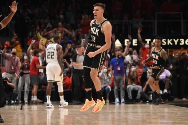 Bogdan Bogdanovic of the Atlanta Hawks reacts during Game 4 of the Eastern Conference Finals of the 2021 NBA Playoffs on June 29, 2021 at State Farm...