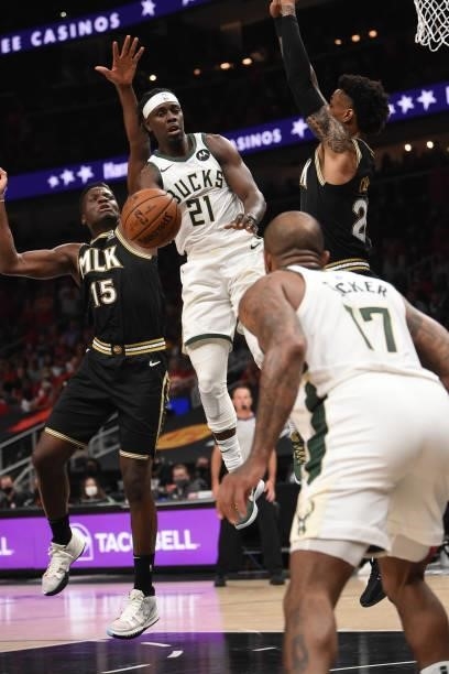 Jrue Holiday of the Milwaukee Bucks passes the ball against the Atlanta Hawks during Game 4 of the Eastern Conference Finals of the 2021 NBA Playoffs...