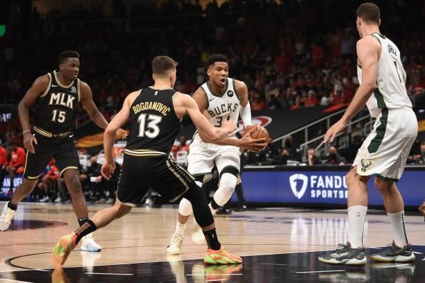 Giannis Antetokounmpo of the Milwaukee Bucks drives to the basket against the Atlanta Hawks during Game 4 of the Eastern Conference Finals of the...