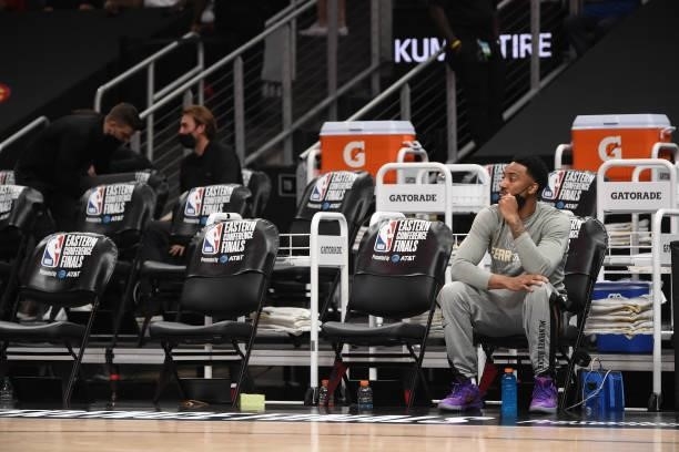 Jeff Teague of the Milwaukee Bucks looks on during Game 4 of the Eastern Conference Finals of the 2021 NBA Playoffs on June 29, 2021 at State Farm...