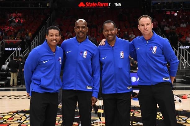 Referees, Bill Kennedy, Tom Washington, James Capers and Josh Tiven pose for a photo before Game 4 of the Eastern Conference Finals of the 2021 NBA...