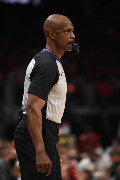 Referee Tom Washington looks on during Game 4 of the Eastern Conference Finals of the 2021 NBA Playoffs on June 29, 2021 at State Farm Arena in...