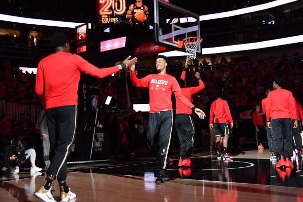 John Collins of the Atlanta Hawks is introduced during Game 4 of the Eastern Conference Finals of the 2021 NBA Playoffs on June 29, 2021 at State...