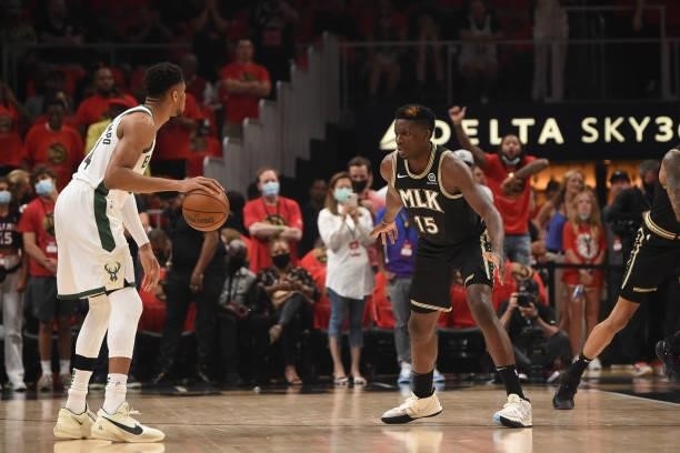 Clint Capela of the Atlanta Hawks plays defense against the Milwaukee Bucks during Game 4 of the Eastern Conference Finals of the 2021 NBA Playoffs...