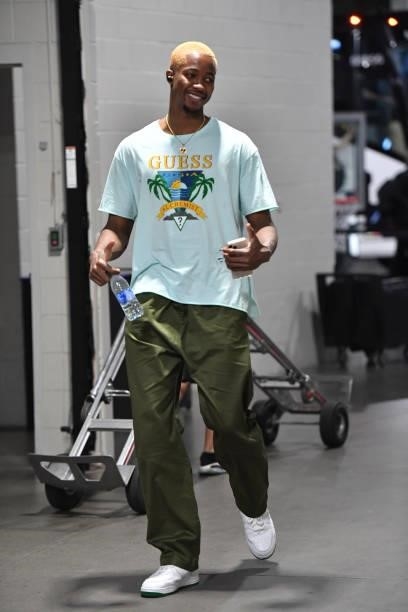 Mamadi Diakite of the Milwaukee Bucks arrives before Game 4 of the Eastern Conference Finals of the 2021 NBA Playoffs on June 29, 2021 at State Farm...