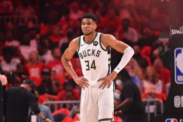 Giannis Antetokounmpo of the Milwaukee Bucks looks on during Game 4 of the Eastern Conference Finals of the 2021 NBA Playoffs on June 29, 2021 at...