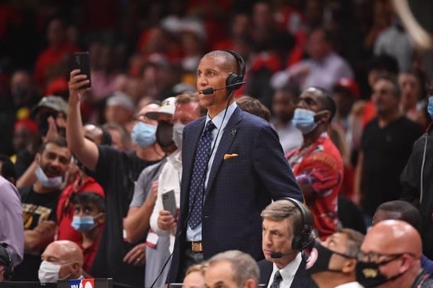 Former NBA Player and Commentator Reggie Miller looks on during Game 4 of the Eastern Conference Finals of the 2021 NBA Playoffs on June 29, 2021 at...