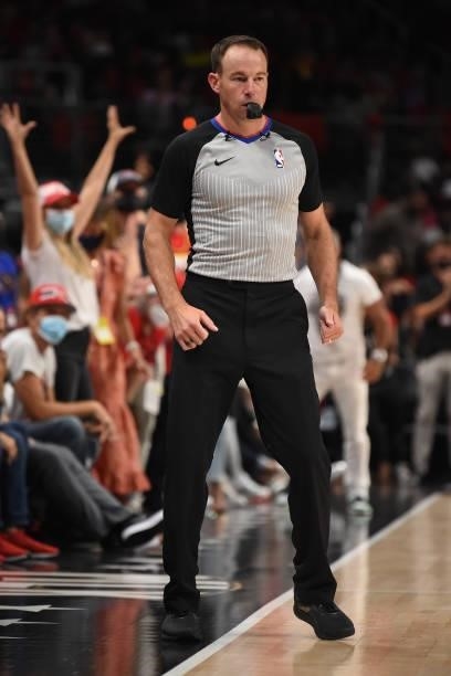 Referee Josh Tiven looks on during Game 4 of the Eastern Conference Finals of the 2021 NBA Playoffs on June 29, 2021 at State Farm Arena in Atlanta,...