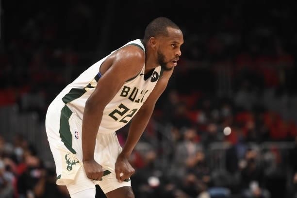 Khris Middleton of the Milwaukee Bucks looks on during Game 4 of the Eastern Conference Finals of the 2021 NBA Playoffs on June 29, 2021 at State...