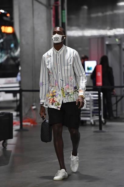 Bobby Portis of the Milwaukee Bucks arrives before Game 4 of the Eastern Conference Finals of the 2021 NBA Playoffs on June 29, 2021 at State Farm...
