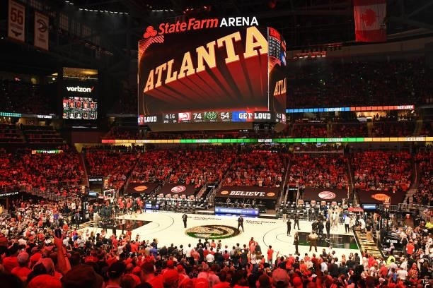 JuNE 29: An overall view of the State Farm Arena during Game 4 of the Eastern Conference Finals of the 2021 NBA Playoffs on June 29, 2021 at State...