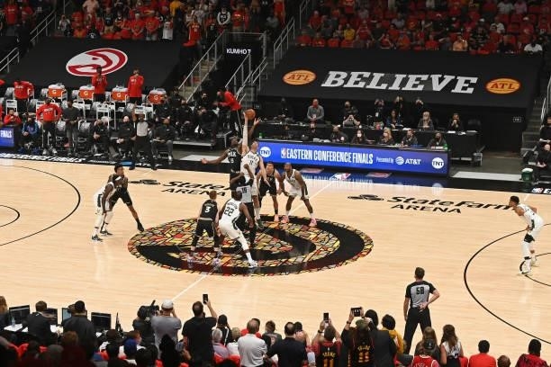 JuNE 29: The Atlanta Hawks and the Milwaukee Bucks tip off during Game 4 of the Eastern Conference Finals of the 2021 NBA Playoffs on June 29, 2021...