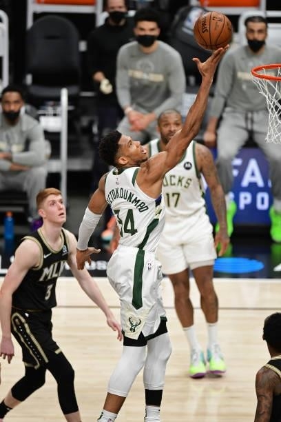 JuNE 29: Giannis Antetokounmpo of the Milwaukee Bucks shoots the ball against the Atlanta Hawks during Game 4 of the Eastern Conference Finals of the...
