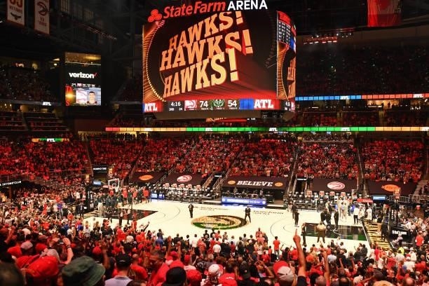 JuNE 29: An overall view of the State Farm Arena during Game 4 of the Eastern Conference Finals of the 2021 NBA Playoffs on June 29, 2021 at State...