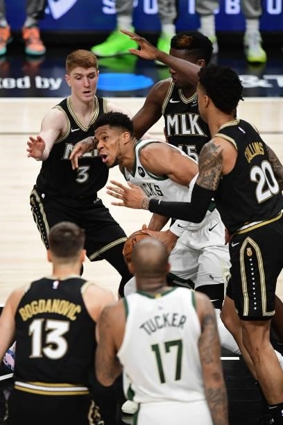 JuNE 29: Giannis Antetokounmpo of the Milwaukee Bucks handles the ball against the Atlanta Hawks during Game 4 of the Eastern Conference Finals of...