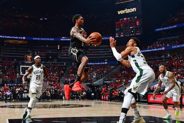 Lou Williams of the Atlanta Hawks drives to the basket during Game 4 of the Eastern Conference Finals of the 2021 NBA Playoffs on June 29, 2021 at...