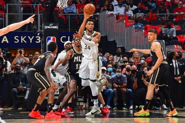Giannis Antetokounmpo of the Milwaukee Bucks passes the ball during Game 4 of the Eastern Conference Finals of the 2021 NBA Playoffs on June 29, 2021...