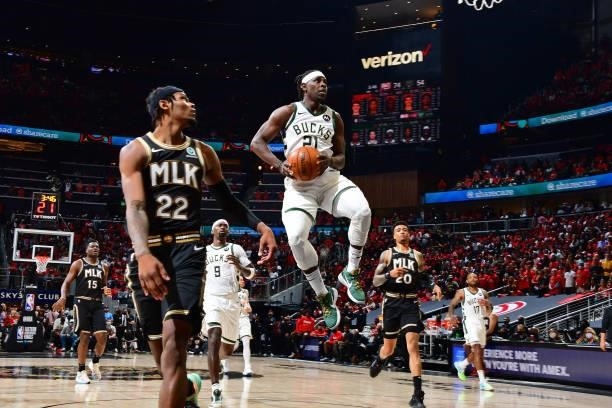 Jrue Holiday of the Milwaukee Bucks drives to the basket during Game 4 of the Eastern Conference Finals of the 2021 NBA Playoffs on June 29, 2021 at...