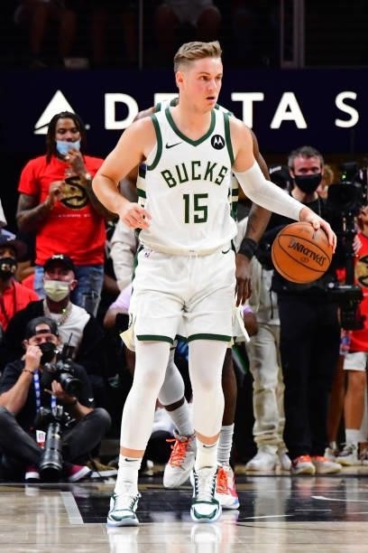 Sam Merrill of the Milwaukee Bucks dribbles the ball during Game 4 of the Eastern Conference Finals of the 2021 NBA Playoffs on June 29, 2021 at...