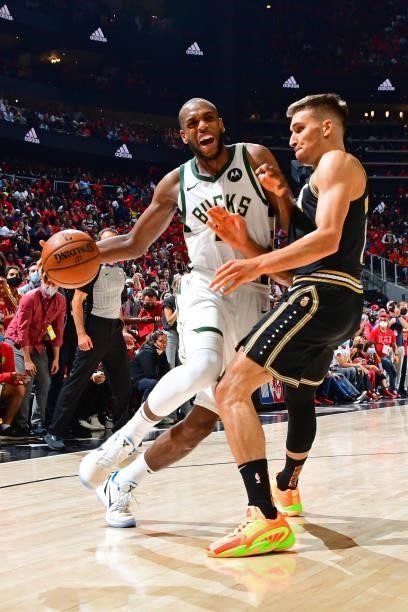 Khris Middleton of the Milwaukee Bucks dribbles the ball during Game 4 of the Eastern Conference Finals of the 2021 NBA Playoffs on June 29, 2021 at...