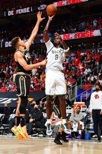 Bobby Portis of the Milwaukee Bucks shoots the ball against the Atlanta Hawks during Game 4 of the Eastern Conference Finals of the 2021 NBA Playoffs...