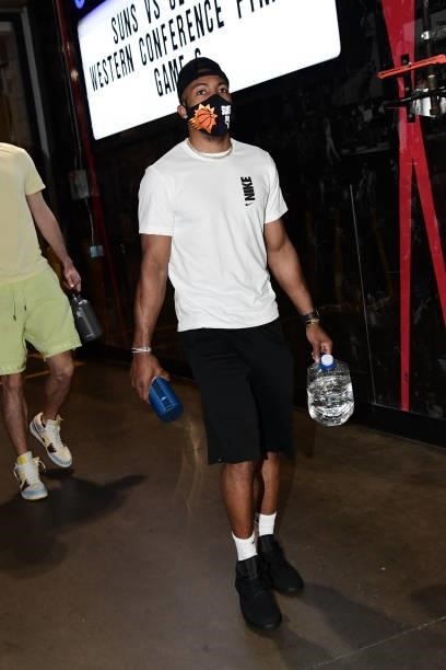 Jevon Carter of the Phoenix Suns arrives to the arena before the game against the LA Clippers during Game 6 of the Western Conference Finals of the...