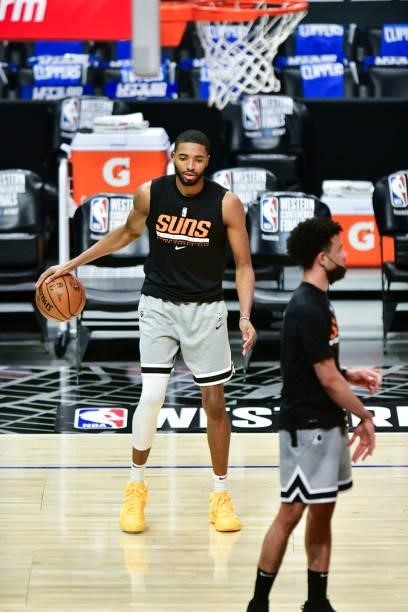 Mikal Bridges of the Phoenix Suns warms up before the game against the LA Clippers during Game 6 of the Western Conference Finals of the 2021 NBA...