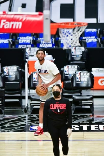 Cameron Payne of the Phoenix Suns warms up before the game against the LA Clippers during Game 6 of the Western Conference Finals of the 2021 NBA...