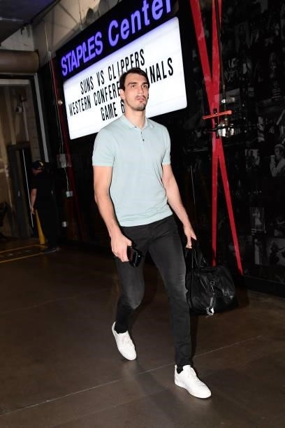 Dario Saric of the Phoenix Suns arrives to the arena before the game against the LA Clippers during Game 6 of the Western Conference Finals of the...
