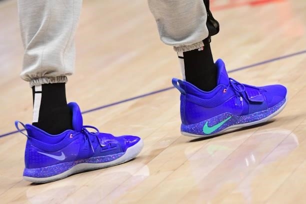 The sneakers of Paul George of the LA Clippers during Game 6 of the Western Conference Finals of the 2021 NBA Playoffs on June 30, 2021 at STAPLES...