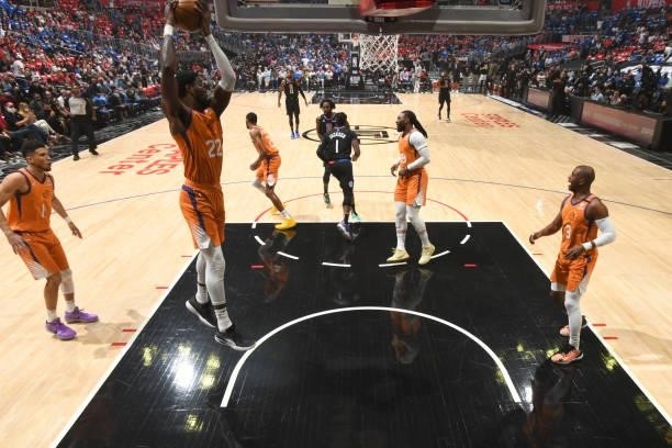 Deandre Ayton of the Phoenix Suns rebounds the ball against the LA Clippers during Game 6 of the Western Conference Finals of the 2021 NBA Playoffs...