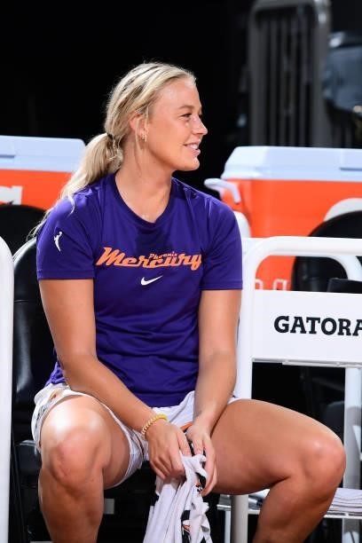 Sophie Cunningham of the Phoenix Mercury smiles before the game against the Minnesota Lynx on June 30, 2021 at Phoenix Suns Arena in Phoenix,...
