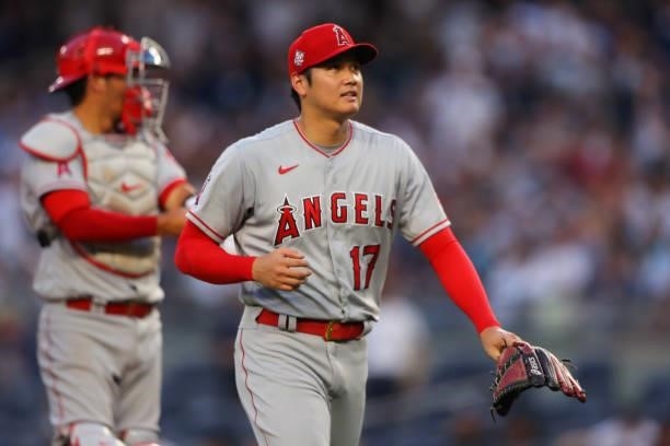 Shohei Ohtani of the Los Angeles Angels leaves the game in the bottom of the first inning during the game between the Los Angeles Angels and the New...