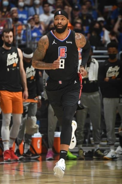 Marcus Morris Sr. #8 of the LA Clippers looks on during Game 6 of the Western Conference Finals of the 2021 NBA Playoffs on June 30, 2021 at STAPLES...